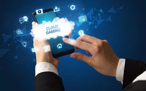 Hand using smartphone with cloud technology concept Foto stock