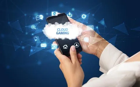 Hand using smartphone with cloud technology concept Foto stock