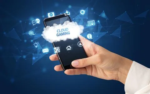 Hand using smartphone with cloud technology concept Foto stock