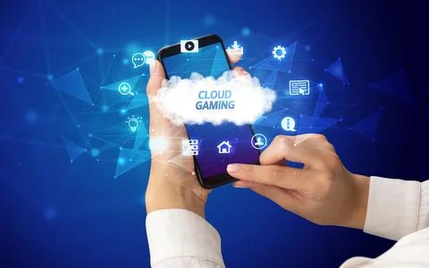 Hand using smartphone with cloud technology concept Foto stock