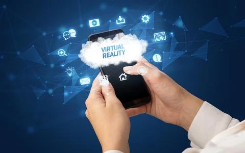 Hand using smartphone with cloud technology concept Stock Photos