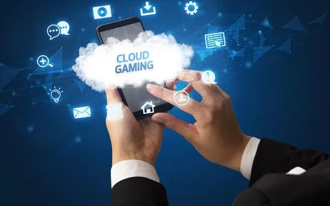 Hand using smartphone with cloud technology concept Foto stock