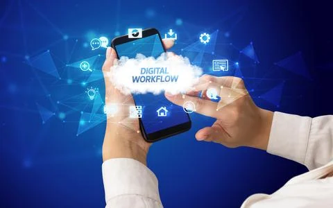 Hand using smartphone with cloud technology concept Stock Photos