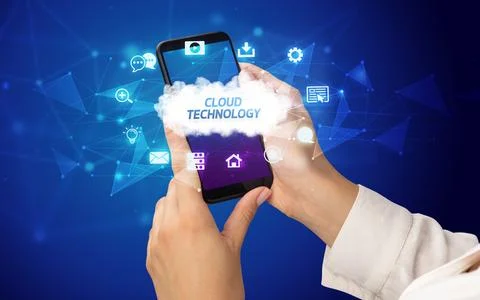 Hand using smartphone with cloud technology concept Stock Photos