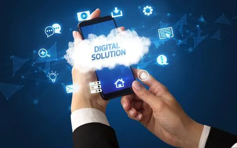 Hand using smartphone with cloud technology concept Stock Photos