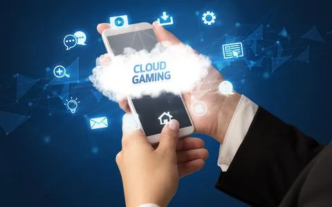 Hand using smartphone with cloud technology concept Foto stock