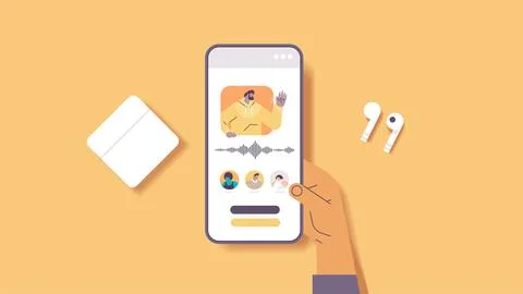 Hand using smartphone communicate by voice messages audio chat application Illustrazione stock