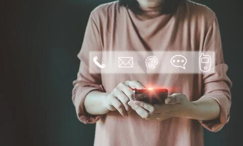 Hand Using Smartphone for Connect a Community, contact icons email, address, Stock Photos