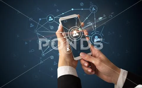 Hand using smartphone to connect people concept Stock Photos