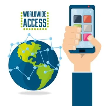 Hand using smartphone connected internet around the world Illustrazione stock