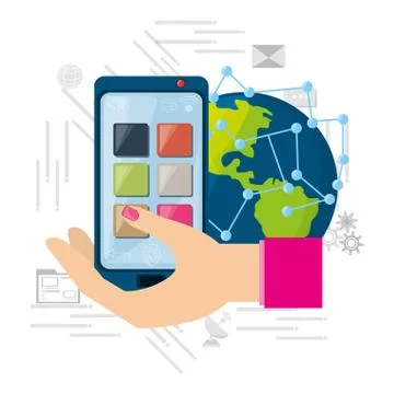 Hand using smartphone connected internet around the world Illustrazione stock