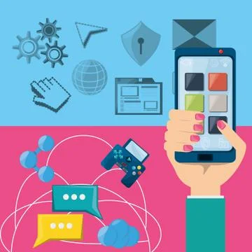 Hand using smartphone connected internet around the world Illustrazione stock