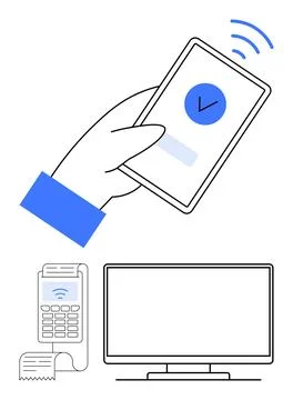 Hand Using Smartphone for Contactless Payment with Terminal and Monitor Stock Illustration
