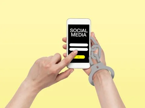 Hand using smartphone, device on top view. Addicted, wired with chain to social Stock Photos