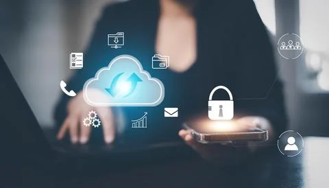 Hand using Smartphone with Keys connect to data information on the Cloud Comp Stock Photos