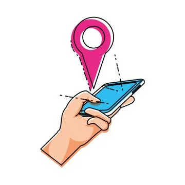 Hand using smartphone with pointer location 스톡 일러스트
