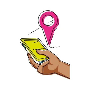 Hand using smartphone with pointer location Stock Illustration