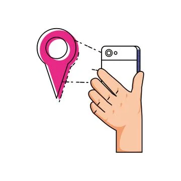 Hand using smartphone with pointer location Stock Illustration
