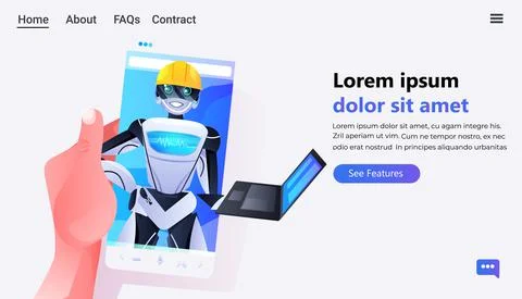 Hand using smartphone with robot engineer in helmet using laptop modern robotic Illustrazione stock