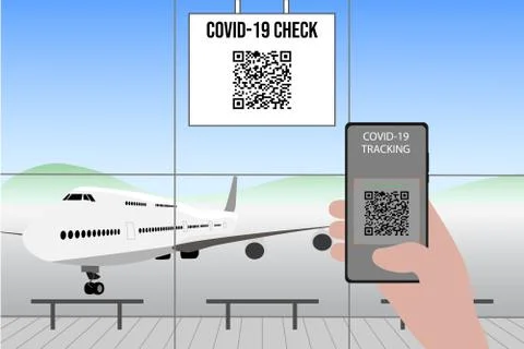 Hand using smartphone to scan Covid-19 check QR code in an airport hall イラスト素材