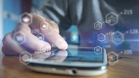 Hand using smartphone. Social media icons on screen Stock-Footage 127500791