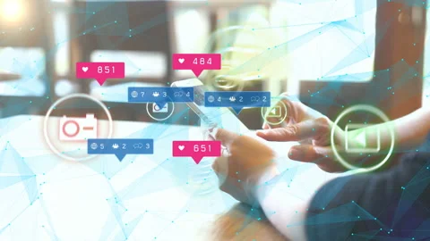 Hand using smartphone with social media icons Stock Footage 132775910