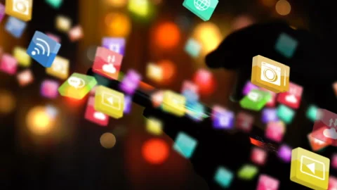 Hand using smartphone with social media icons Stock Footage 147706370