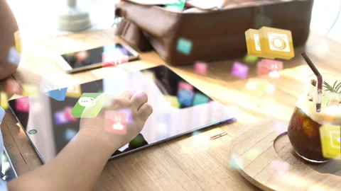 Hand using smartphone with social media icons Stock Footage 147706419