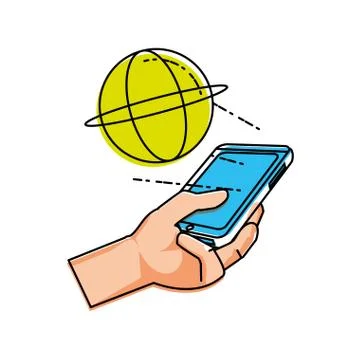 Hand using smartphone with sphere browser Illustrazione stock