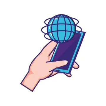 Hand using smartphone with sphere planet Stock Illustration