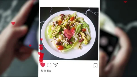 Hand using smartphone taking photo of mix salad share on social media Video stock 160092171