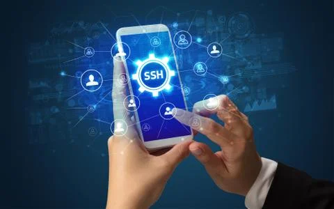 Hand using smartphone with technology concept Foto stock