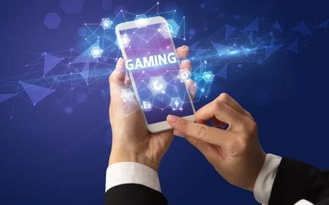 Hand using smartphone with technology concept Foto stock