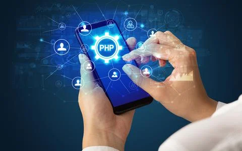 Hand using smartphone with technology concept Stock Photos