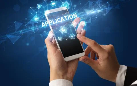 Hand using smartphone with technology concept Stock Photos
