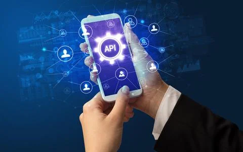 Hand using smartphone with technology concept Stock Photos