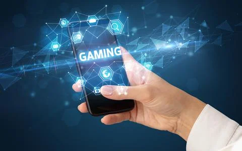Hand using smartphone with technology concept Foto stock