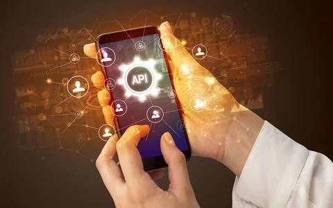 Hand using smartphone with technology concept Stock Photos