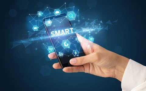 Hand using smartphone with technology concept Foto stock