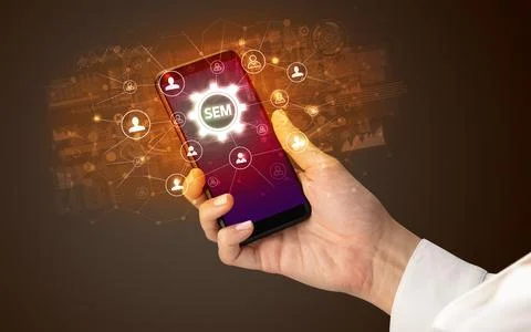 Hand using smartphone with technology concept Foto stock