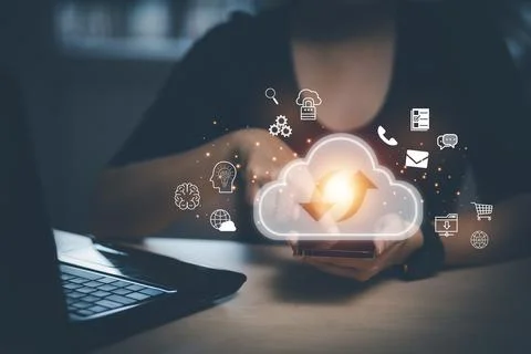Hand using smartphone with touch connect to data information on the Cloud Com Stock Photos
