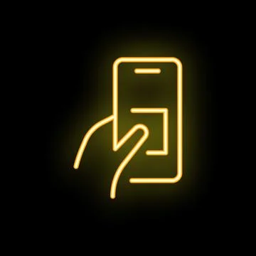 Hand using smartphone touchscreen neon sign on black background Illustrazione stock