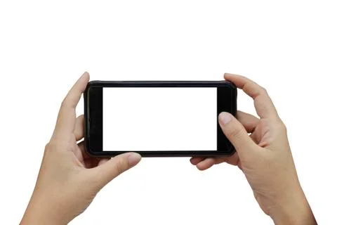 Hand using smartphone with white blank screen on white background Stock Photos