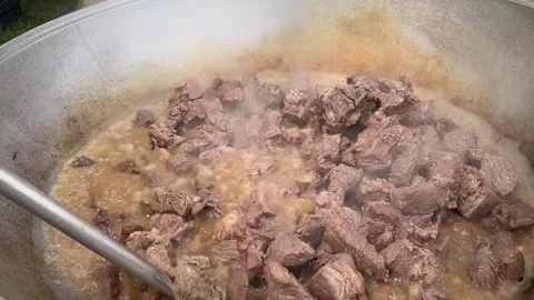 Hand using spatula to stir red and white frying pan full of meat Stock Footage 275845434