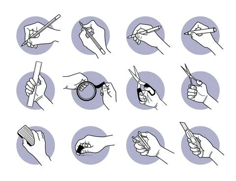 Hand using stationery tools and equipment. Vector illustrations of writing wi Stock Illustration