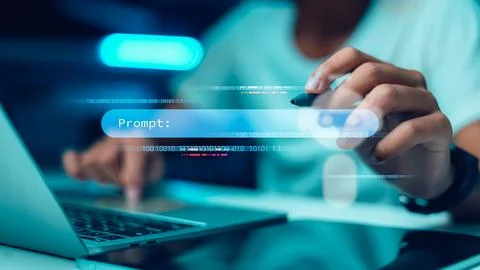 Hand using stylus pen with AI prompt command box on laptop. Concept of prom.. Stock Photos