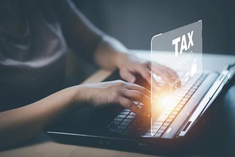 Hand using tablet with bar  TAX REFUND and refund tax of duty taxation busine Stock Photos