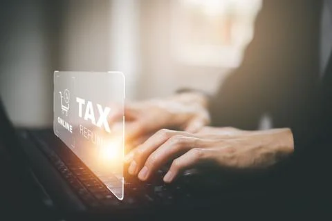 Hand using tablet with bar  TAX REFUND and refund tax of duty taxation busine Stock Photos