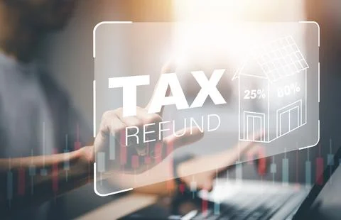 Hand using tablet with bar  TAX REFUND and refund tax of duty taxation busine Foto stock