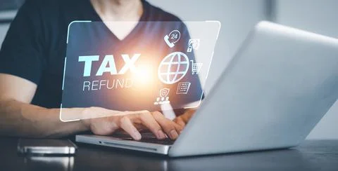 Hand using tablet with bar  TAX REFUND and refund tax of duty taxation busine Stock Photos